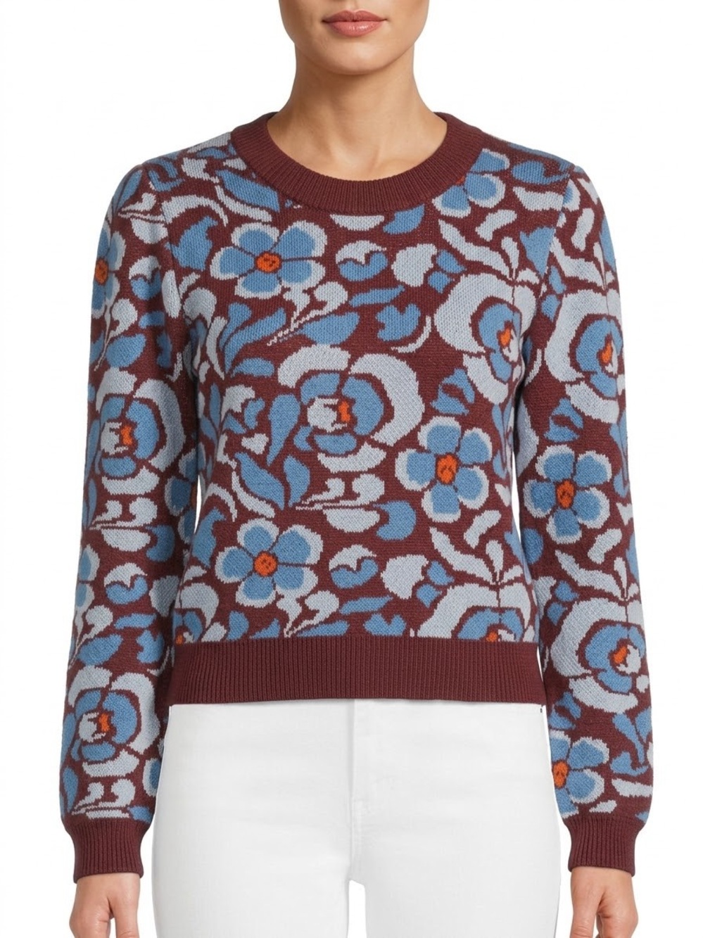 Driftwood Floral Jacquard Cropped Crewneck Sweater Rust Blue L NWT